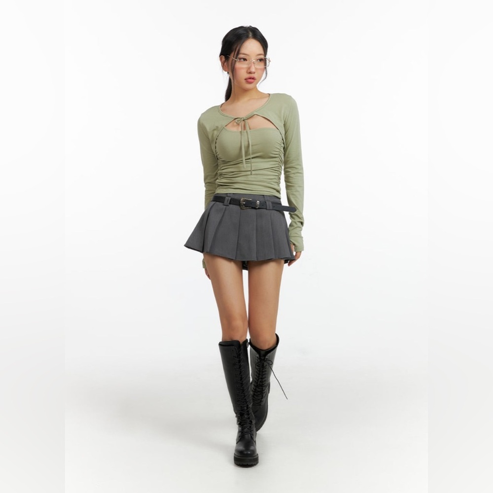 Grey Pleated Mini Skirt w Belt